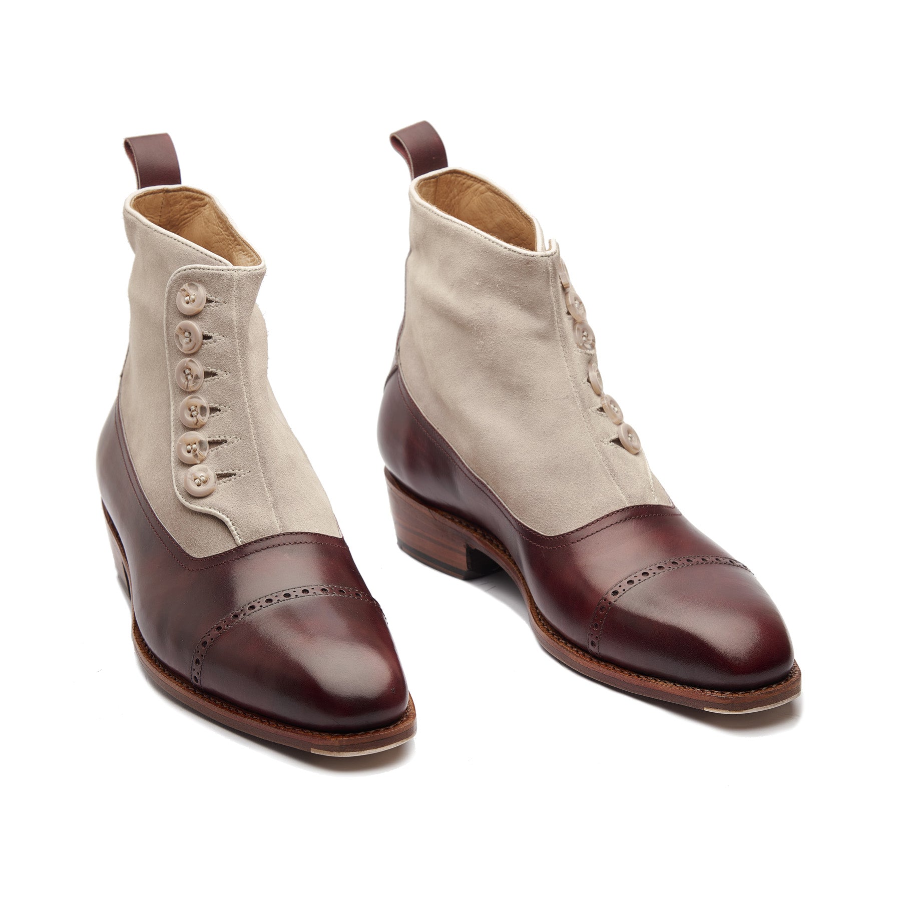 Esquire, Button Boot - Plum Museum Calf Ivory Suede | Hand Welted Contemporary Classics