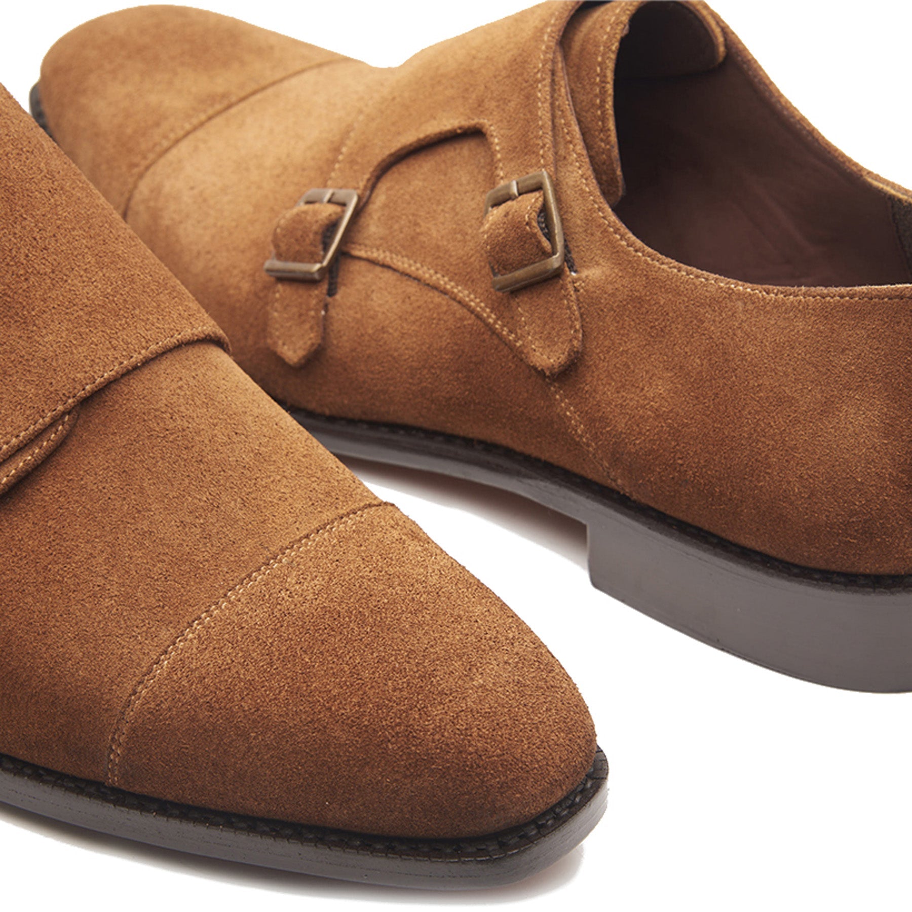 Leon, Cap-toe Double Monk Strap - Tan Suede | Hand Welted Classics Collection